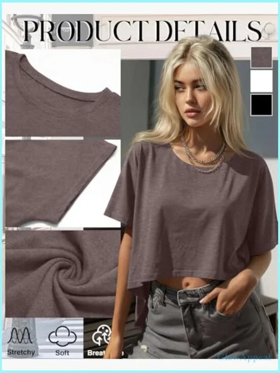 Oversized Cropped T-Shirt 3 Pack, Polyester Rayon Spandex, Workout Casual - Picture 3 of 7